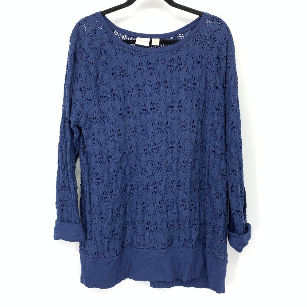 Chicos Long Sleeve Boatneck Blouse Womens Sz 2 US L Blue Eyelet Lace Banded Hem
